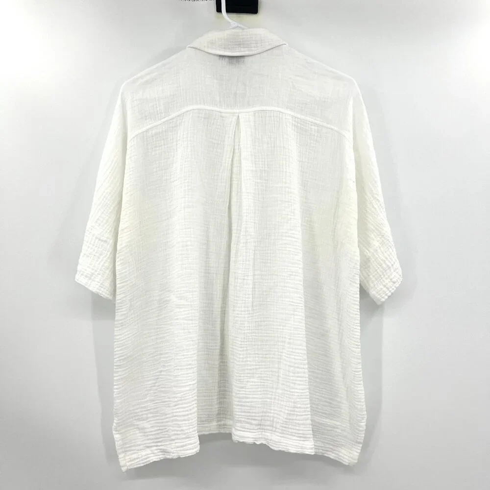 Lisa Bayne White 100% Cotton Gauzey Lagenlook Button Front Blouse Women's Large - Picture 5 of 5